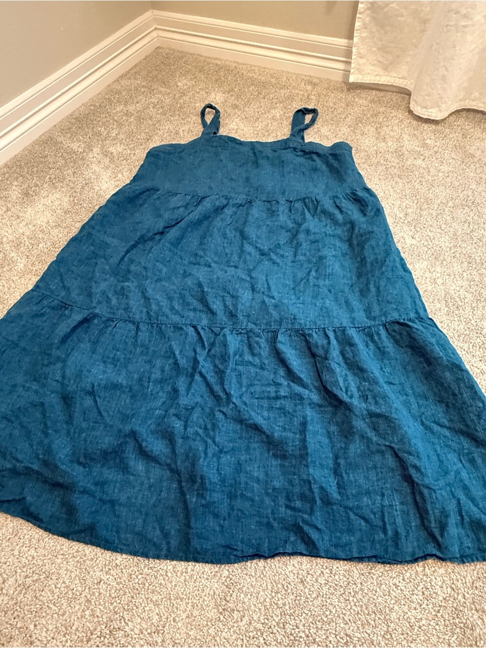Eileen Fisher Teal Blue 100% Organic Linen Tiered Midi Dress Size XL